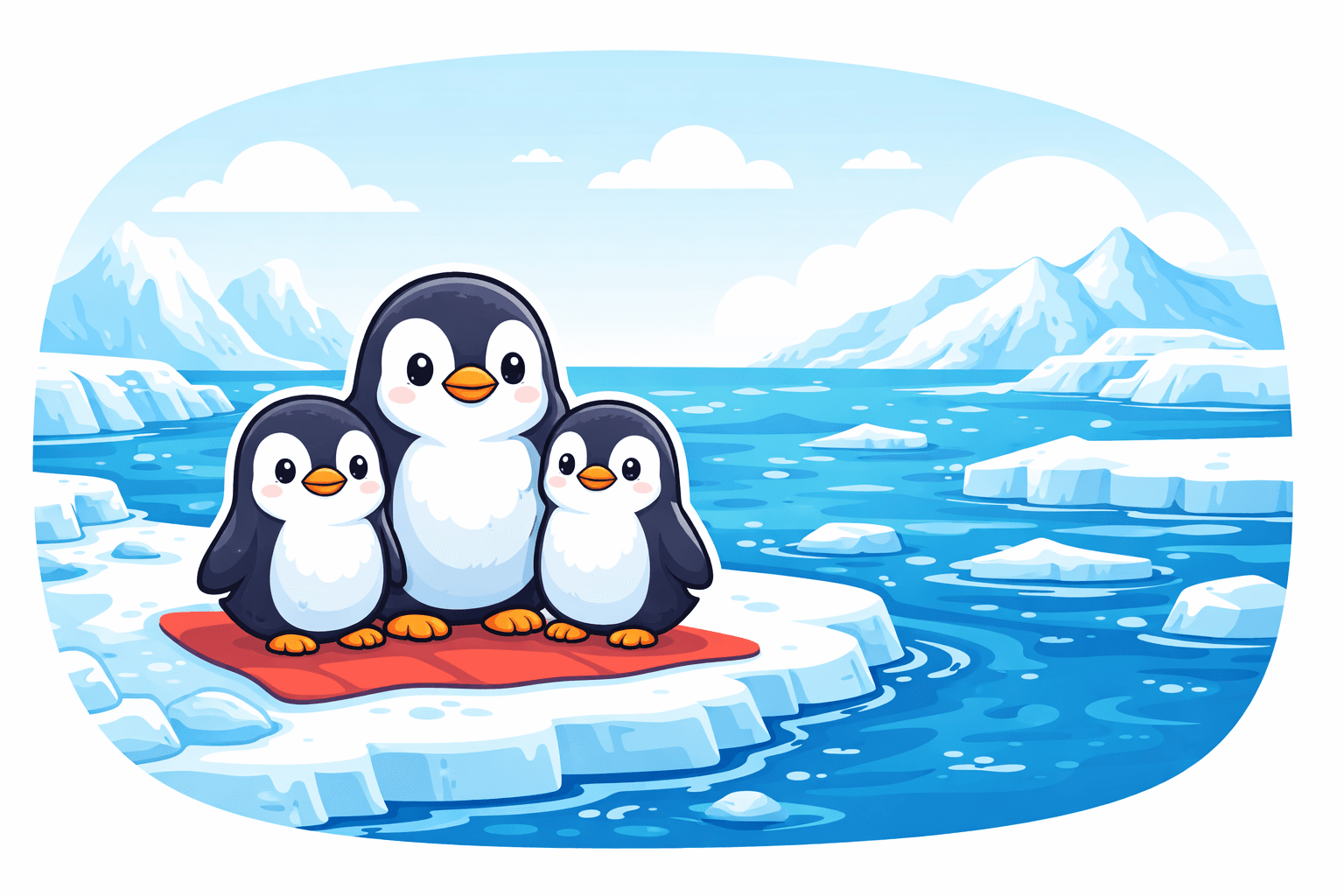 Icy land with snow, sea, and penguins under a cold sky