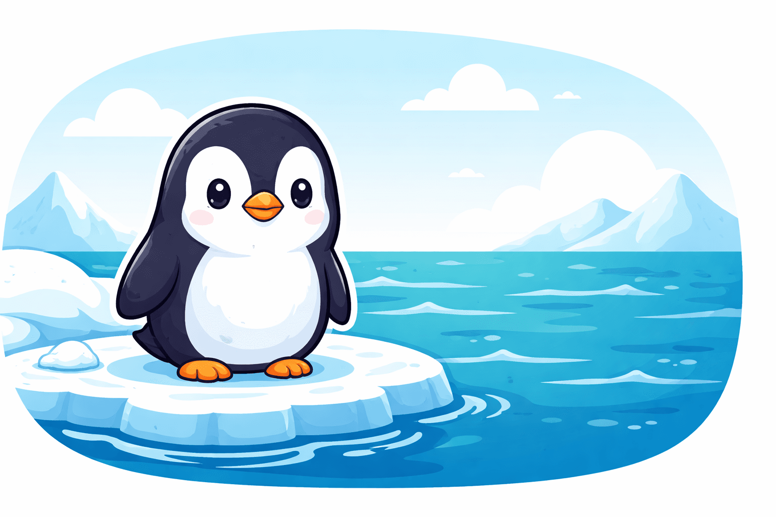 A penguin standing on ice near the sea under a blue sky