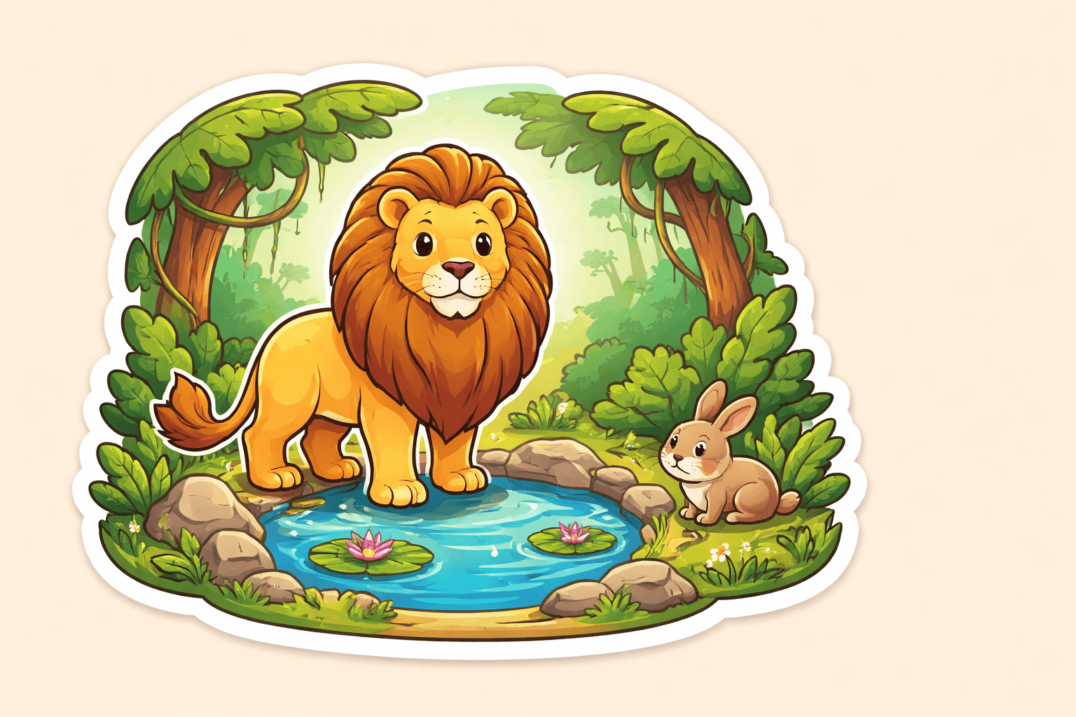 A proud lion looking into a calm pool in the jungle