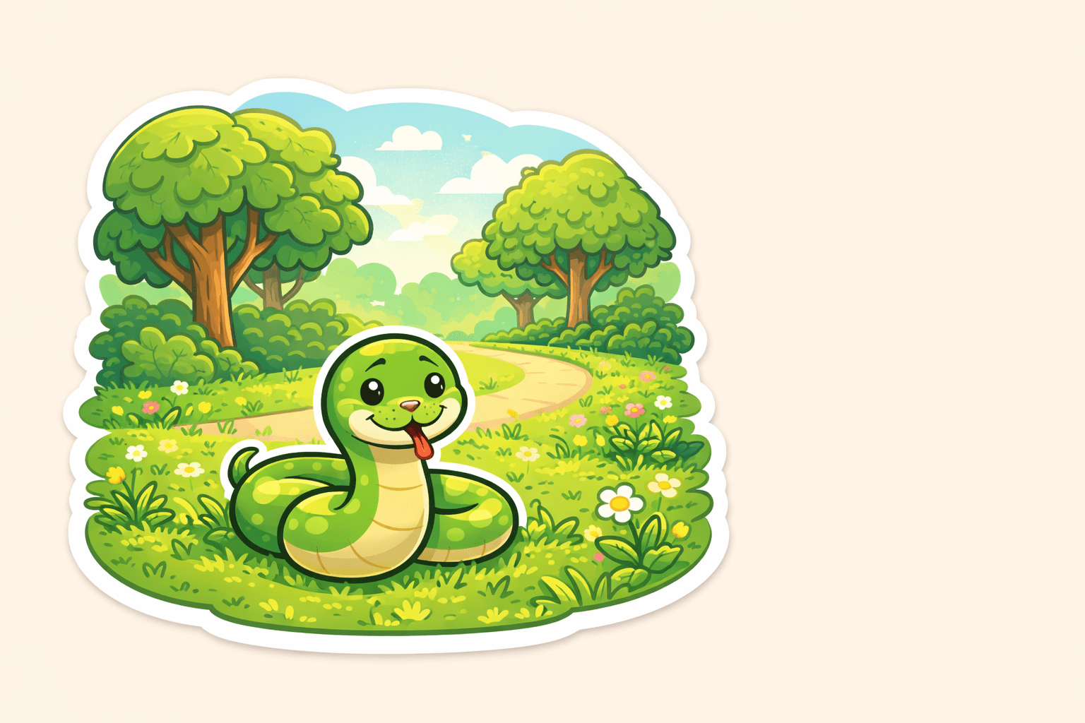 A small green snake resting calmly on grass in a sunny park